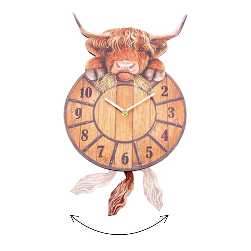 Highland Cow Wall Clock Swinging Tail 9.8 Inch MDF Set of 2