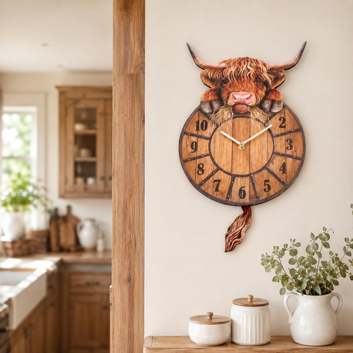 Highland Cow Wall Clock Swinging Tail 9.8 Inch MDF Set of 2