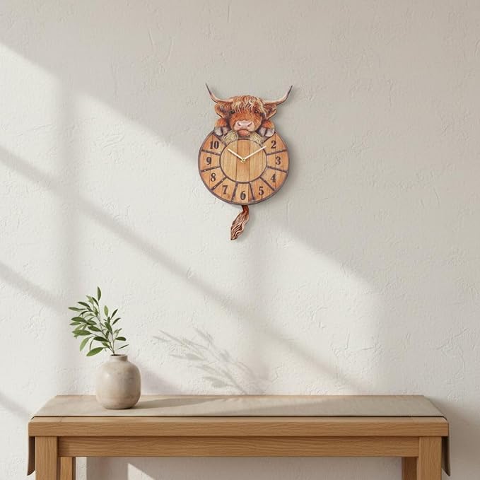 Highland Cow Wall Clock Swinging Tail 9.8 Inch MDF Set of 2