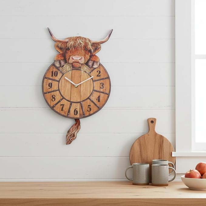 Highland Cow Wall Clock Swinging Tail 9.8 Inch MDF Set of 2
