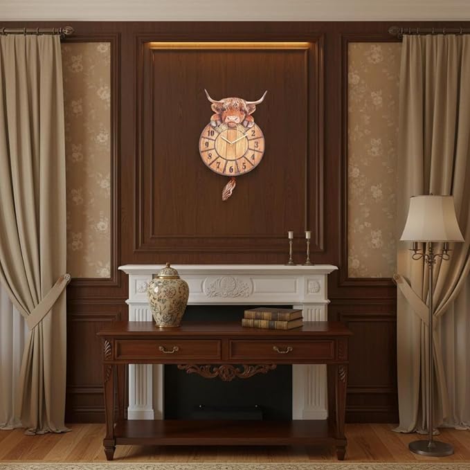 Highland Cow Wall Clock Swinging Tail 9.8 Inch MDF Set of 2
