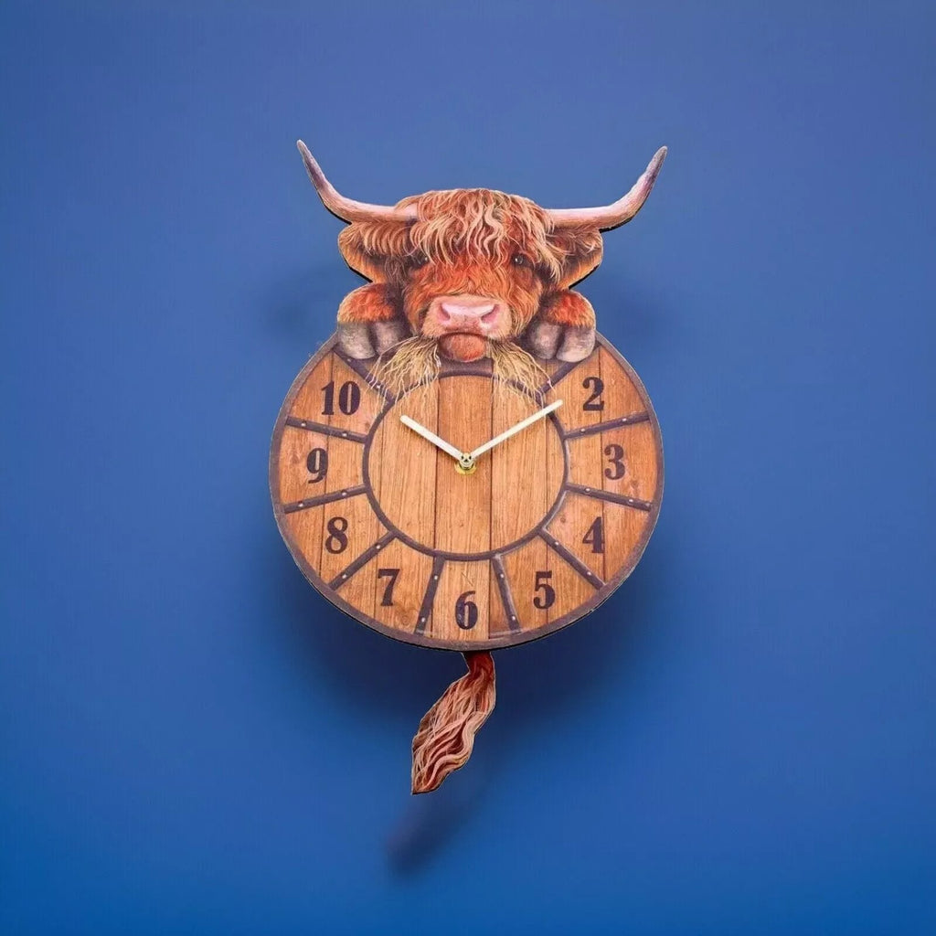 Highland Cow Wall Clock Swinging Tail 9.8 Inch MDF Set of 2