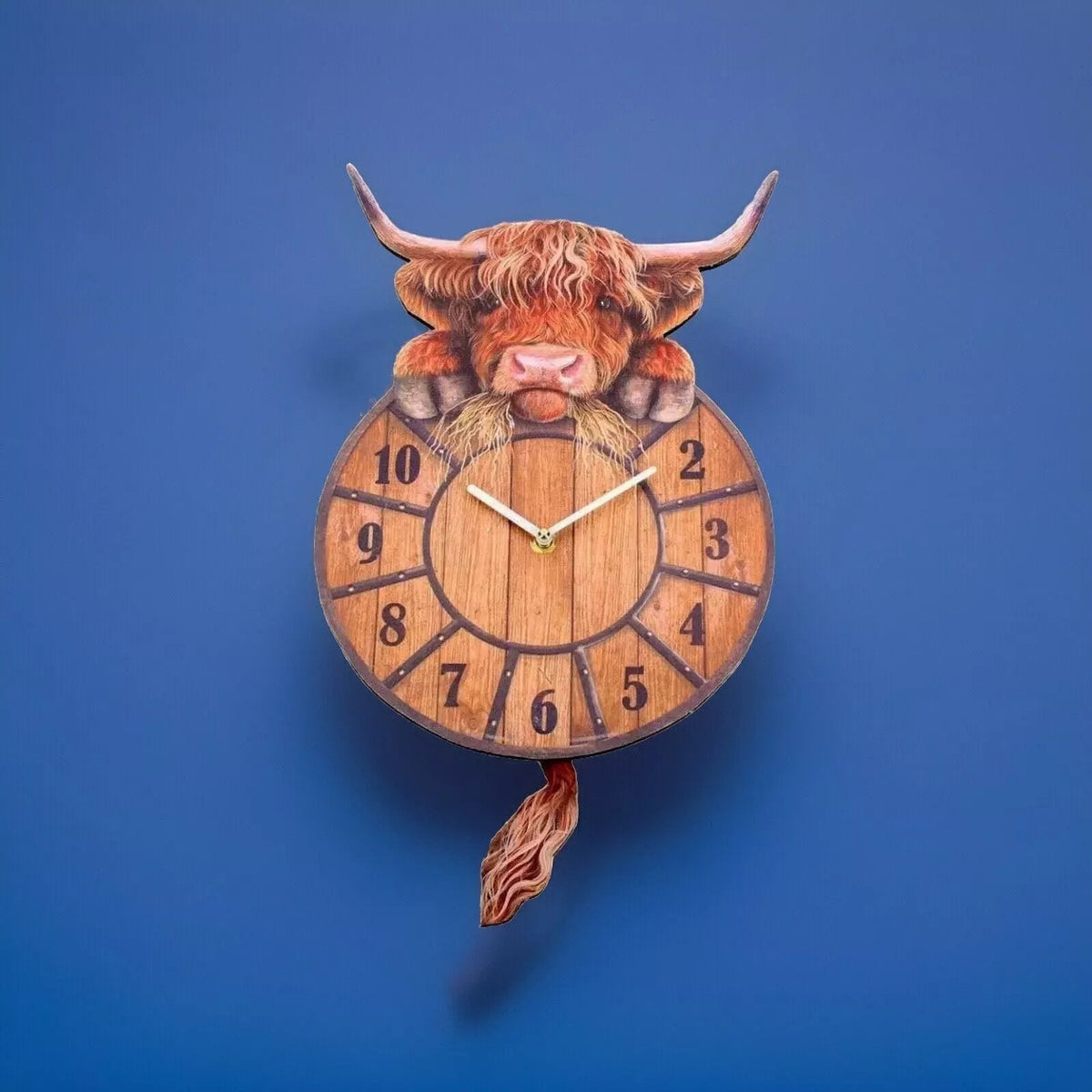 Highland Cow Wall Clock Swinging Tail 9.8 Inch MDF Set of 2