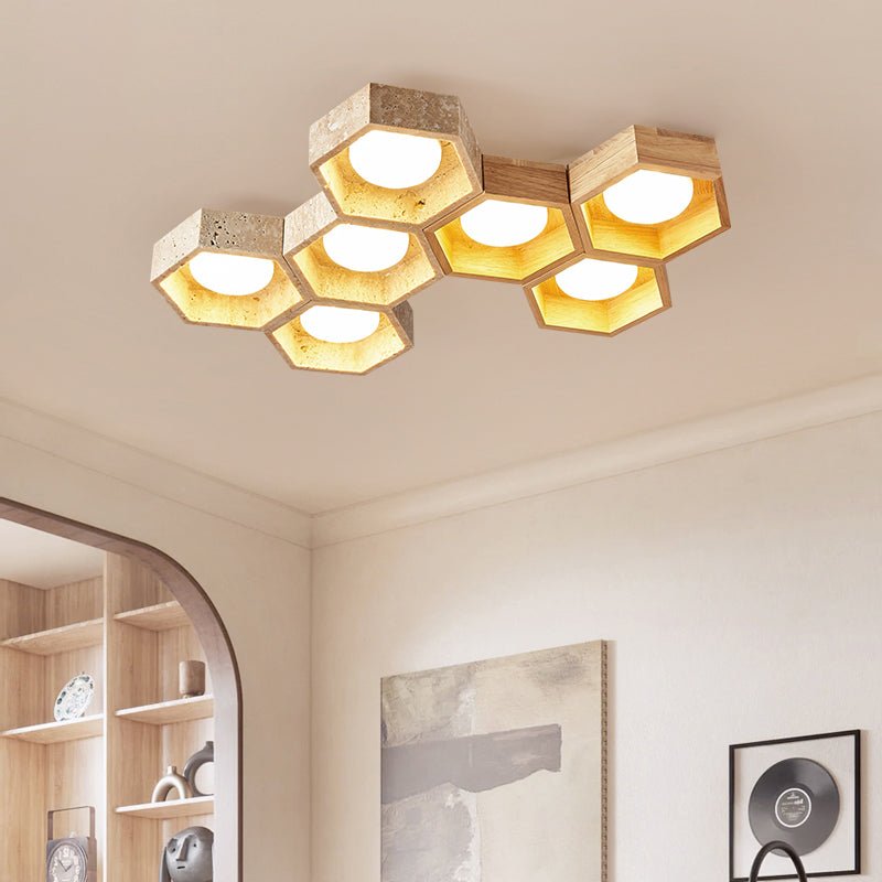 Honeycomb Travertine Flush Ceiling Light 3 Cell 11.8 in Set of 3