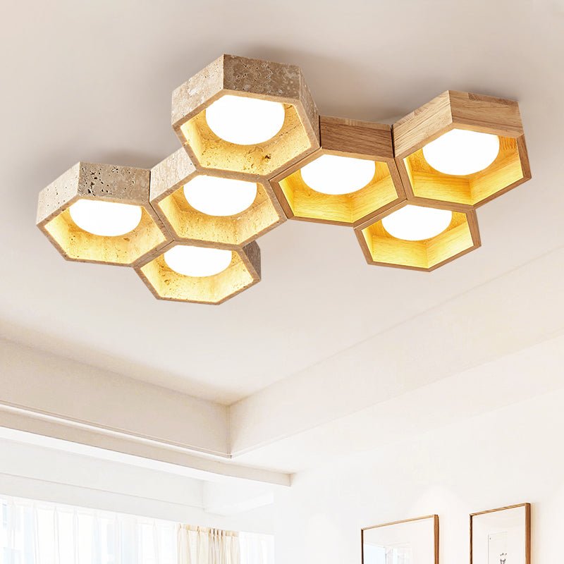 Honeycomb Travertine Flush Ceiling Light 3 Cell 11.8 in Set of 3