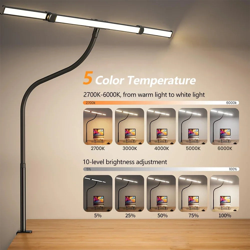 LED Desk Lamp with Clamp Gooseneck Arm and Wide Light Bar USB
