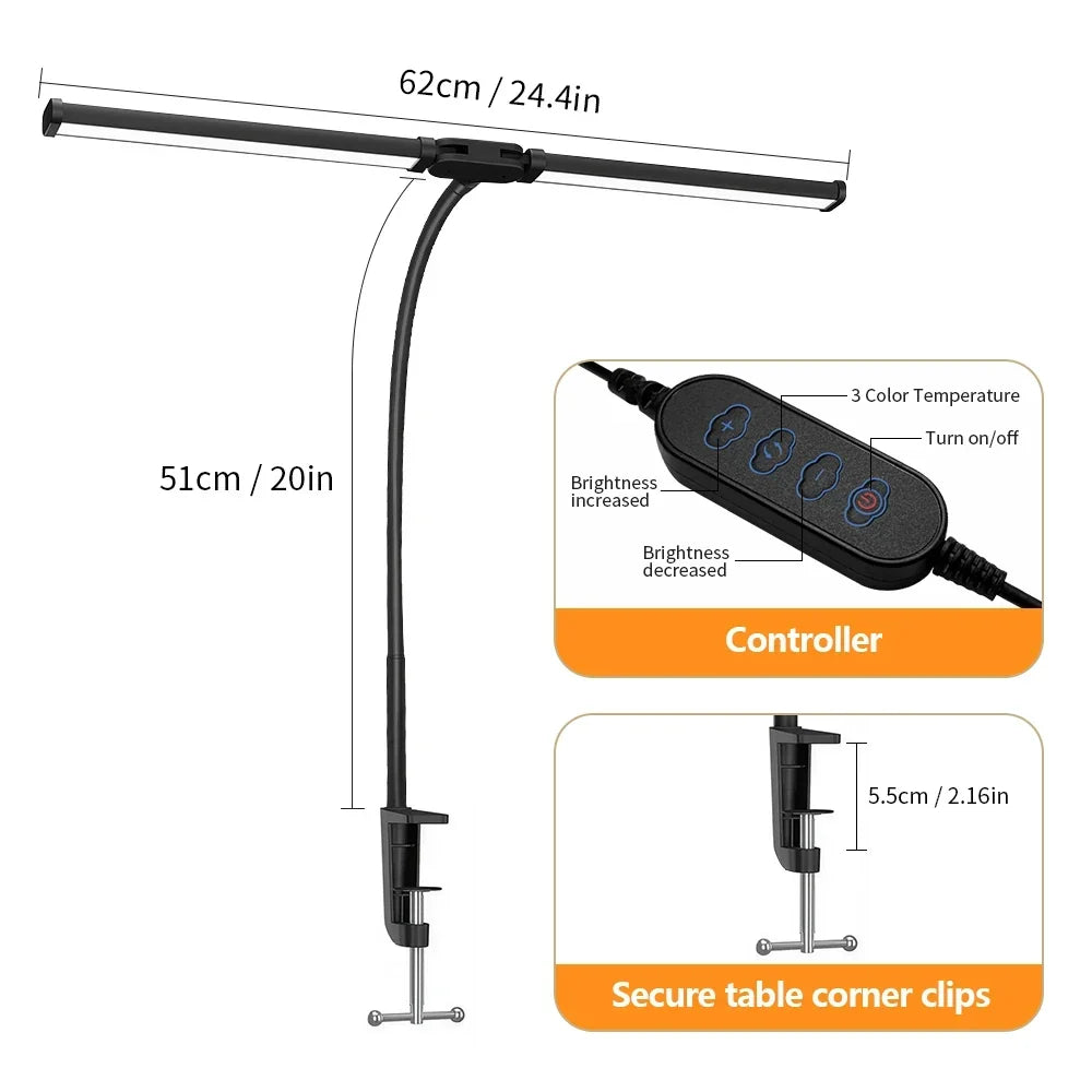 LED Desk Lamp with Clamp Gooseneck Arm and Wide Light Bar USB
