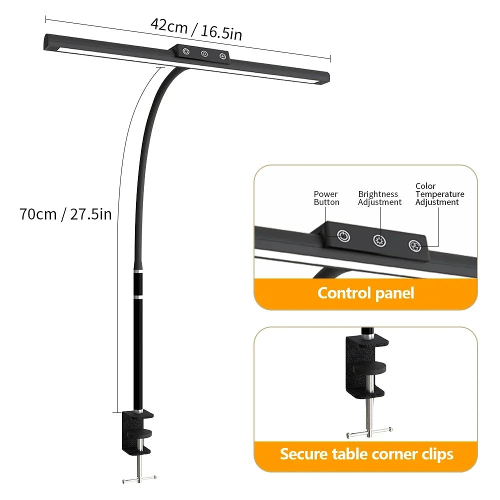 LED Desk Lamp with Clamp Gooseneck Arm and Wide Light Bar USB