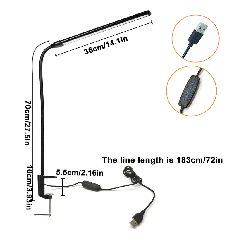 LED Desk Lamp with Clamp Gooseneck Arm and Wide Light Bar USB
