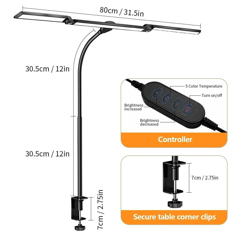 LED Desk Lamp with Clamp Gooseneck Arm and Wide Light Bar USB