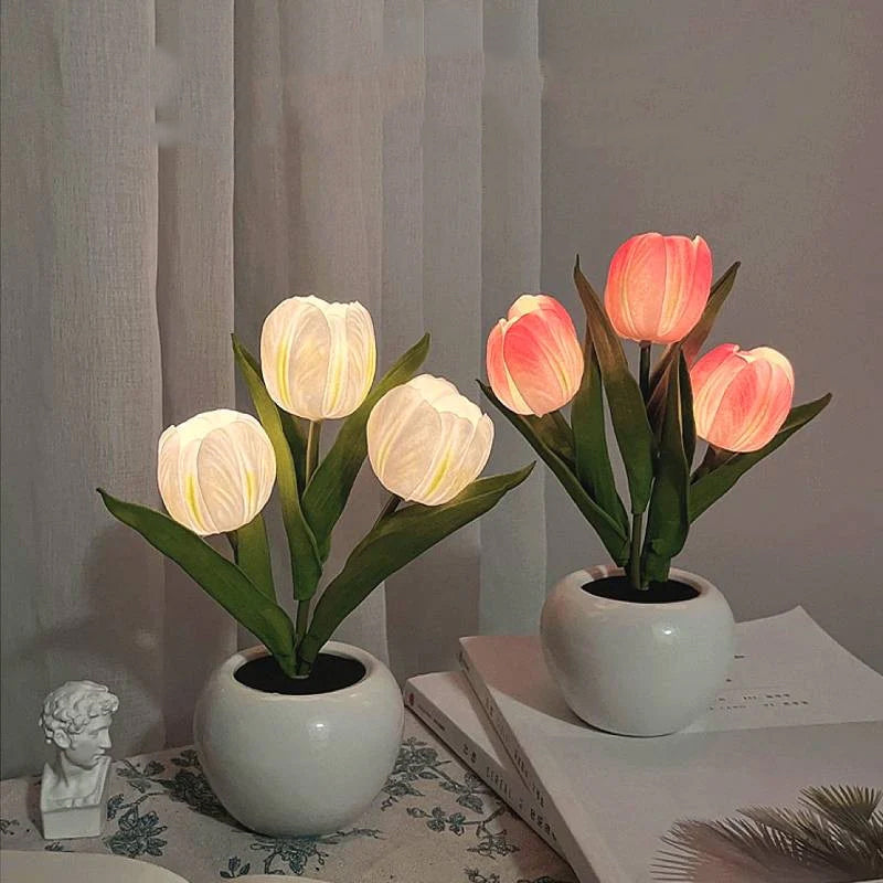 LED Tulip Night Light 3 Flowers Ceramic Pot 8.7 Inch Set of 3