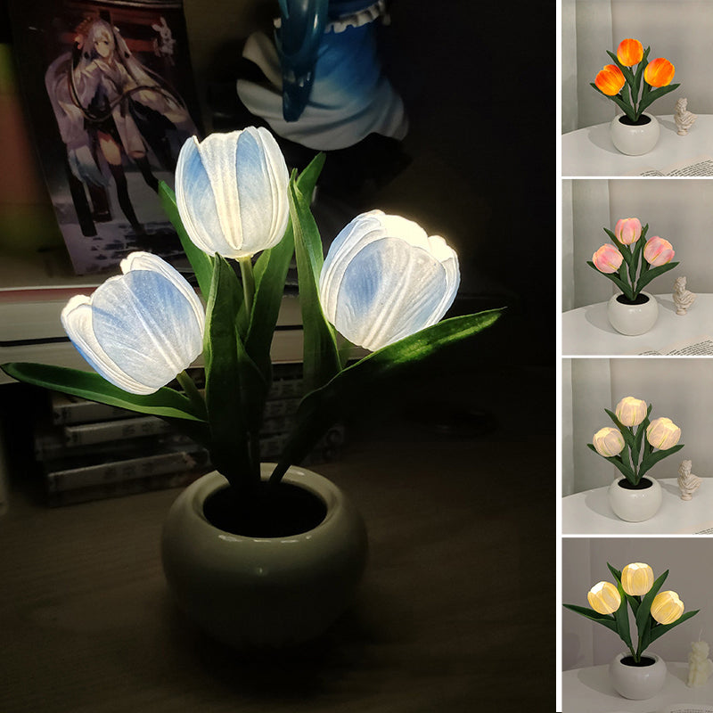 LED Tulip Night Light 3 Flowers Ceramic Pot 8.7 Inch Set of 3