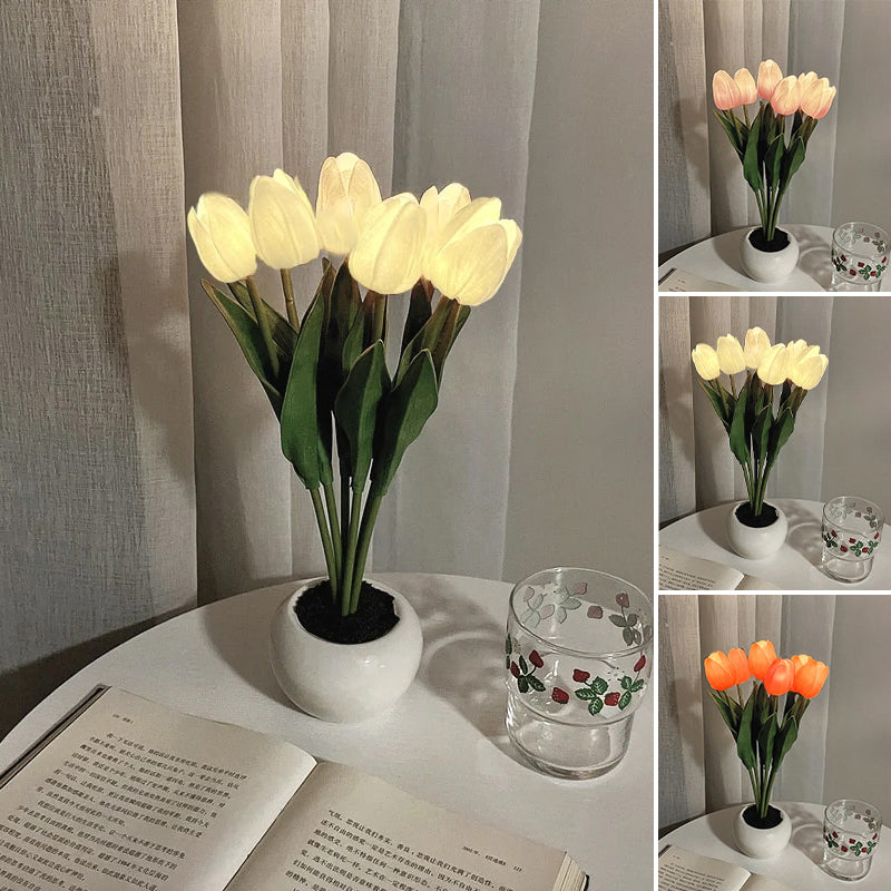LED Tulip Night Light 3 Flowers Ceramic Pot 8.7 Inch Set of 3