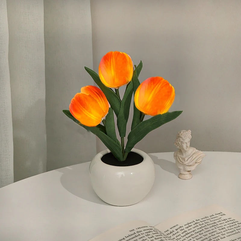 LED Tulip Night Light 3 Flowers Ceramic Pot 8.7 Inch Set of 3