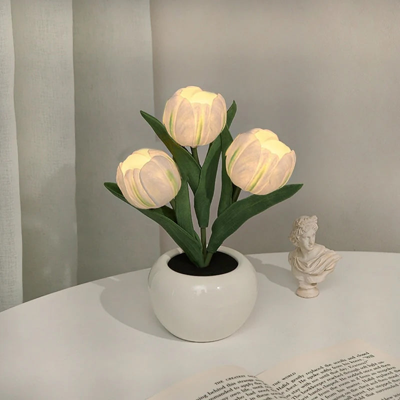 LED Tulip Night Light 3 Flowers Ceramic Pot 8.7 Inch Set of 3