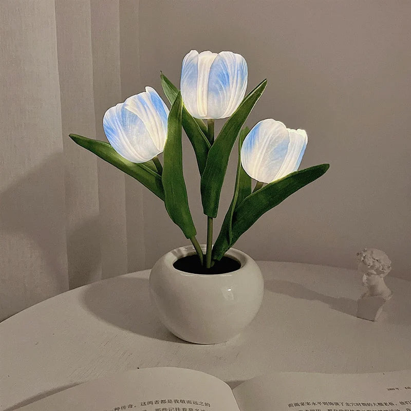 LED Tulip Night Light 3 Flowers Ceramic Pot 8.7 Inch Set of 3