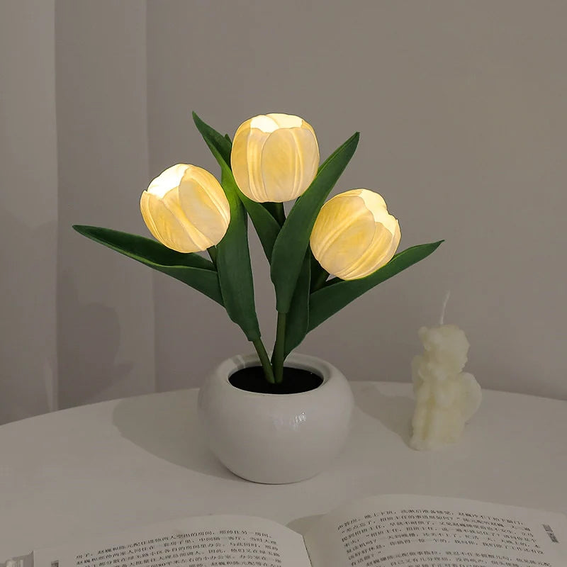LED Tulip Night Light 3 Flowers Ceramic Pot 8.7 Inch Set of 3