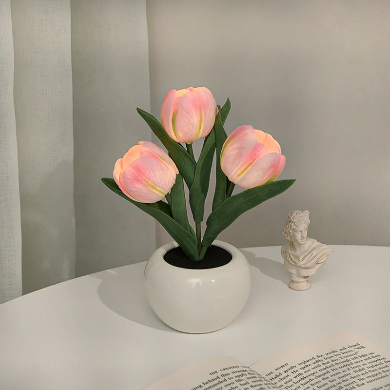 LED Tulip Night Light 3 Flowers Ceramic Pot 8.7 Inch Set of 3