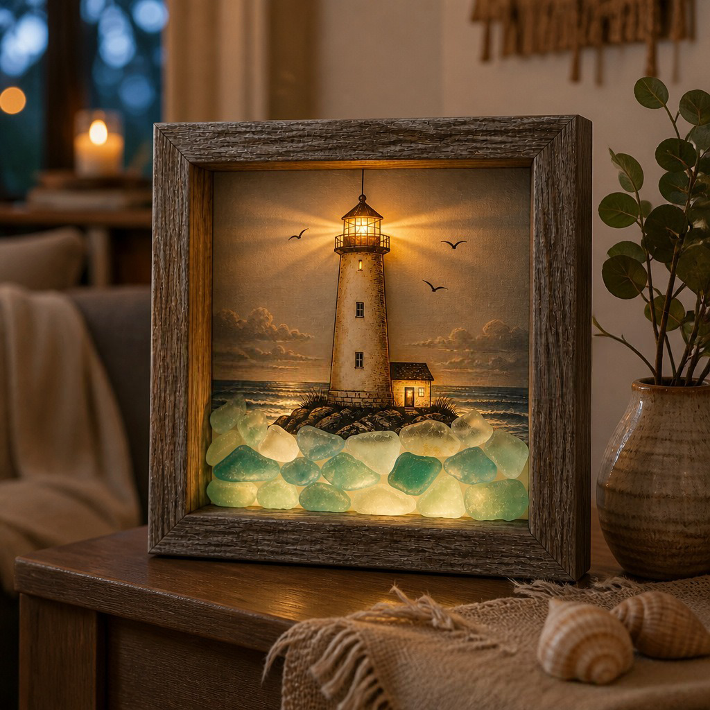 Lighted Shadow Box Coastal Scene 8.5 x 8.5 Inch