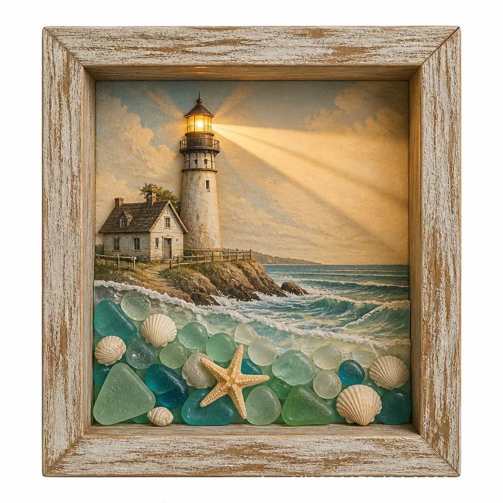 Lighted Shadow Box Coastal Scene 8.5 x 8.5 Inch