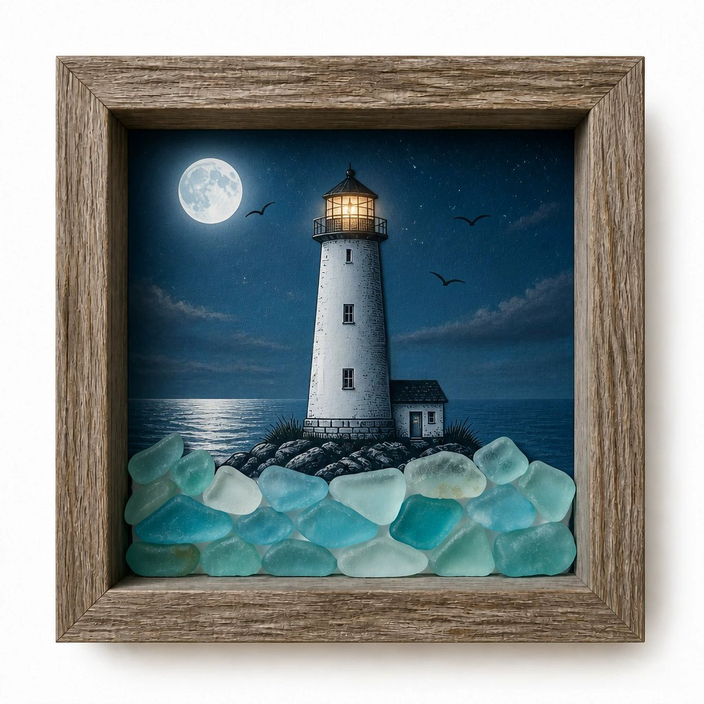 Lighted Shadow Box Coastal Scene 8.5 x 8.5 Inch
