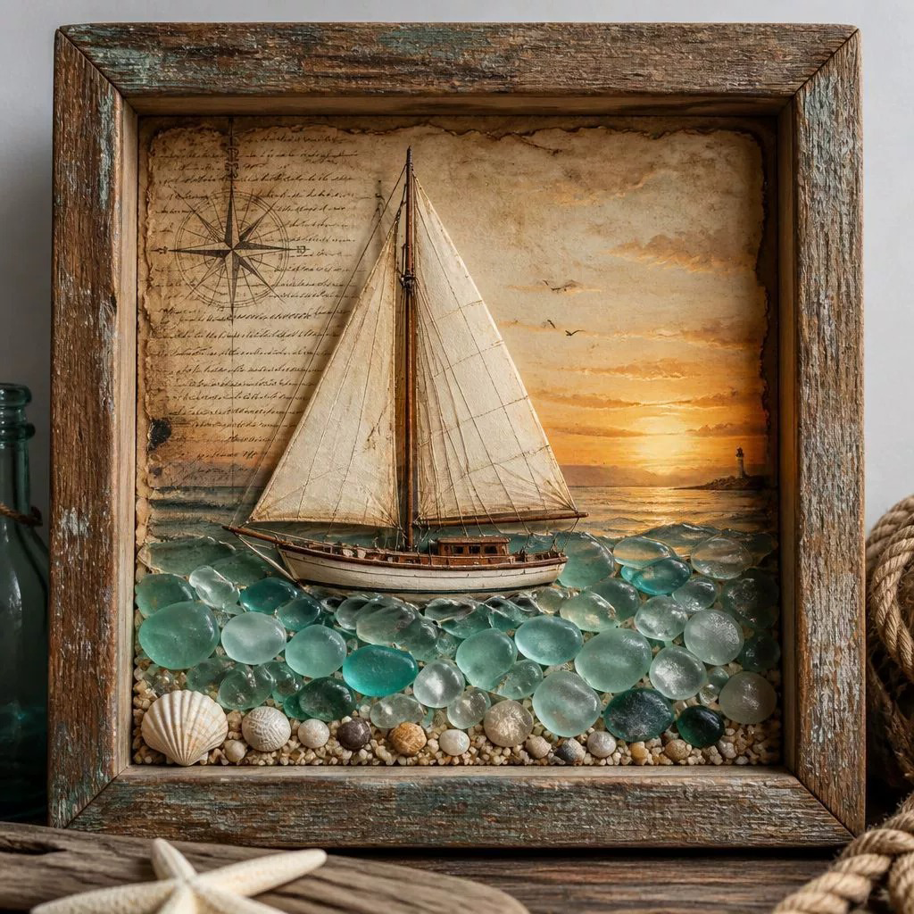 Lighted Shadow Box Coastal Scene 8.5 x 8.5 Inch