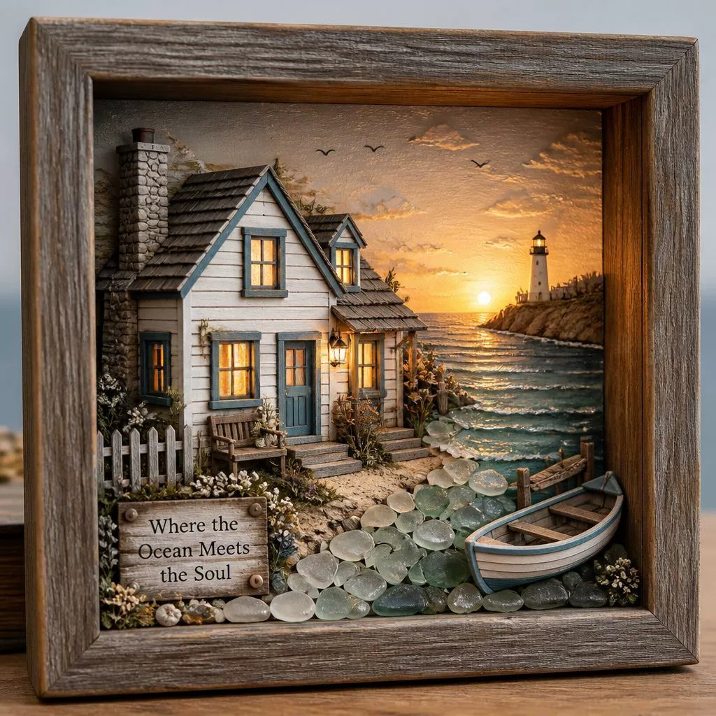 Lighted Shadow Box Coastal Scene 8.5 x 8.5 Inch