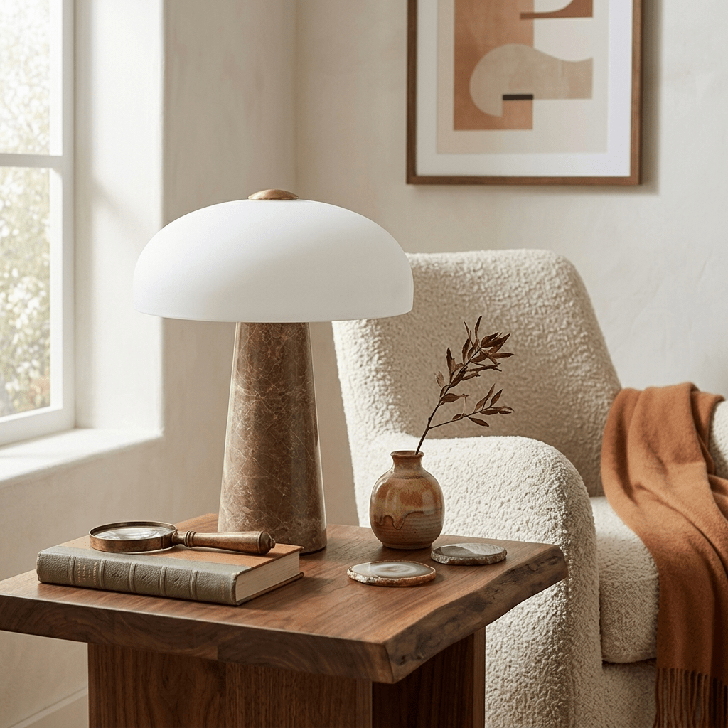 Marble Base Dome Table Lamp White Glass Shade 9.4 in