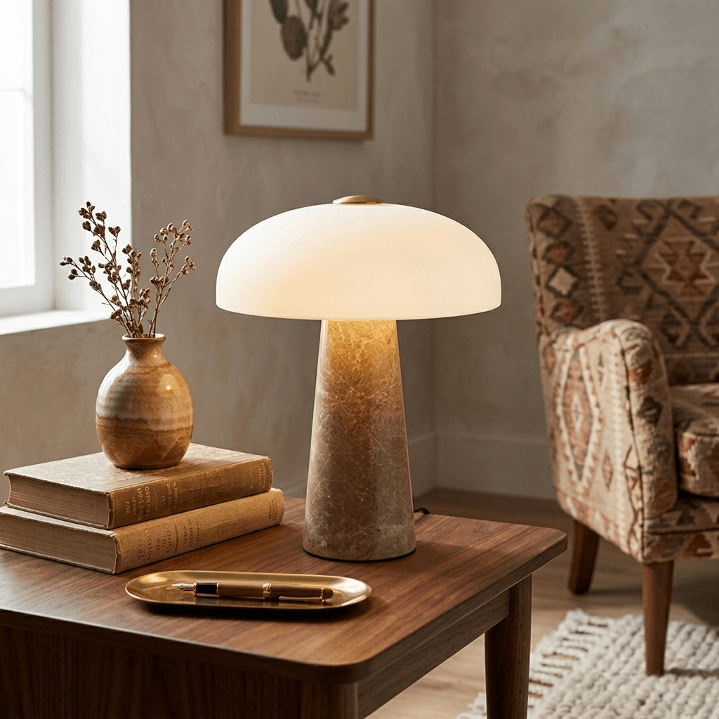 Marble Base Dome Table Lamp White Glass Shade 9.4 in