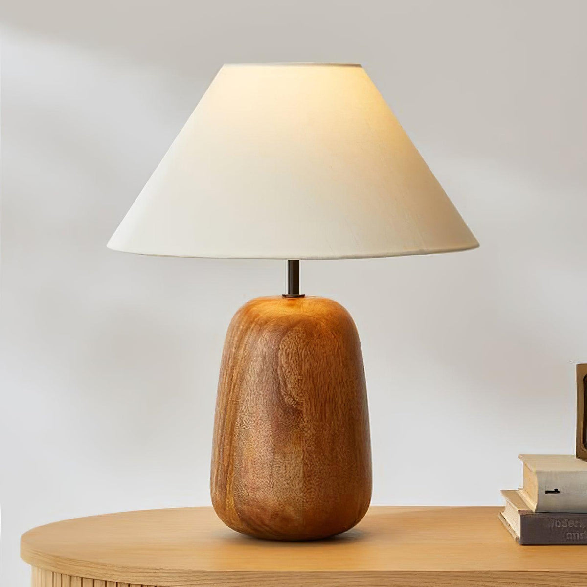 Natural Wood Table Lamp White Fabric Shade 14.9 in Set of 3