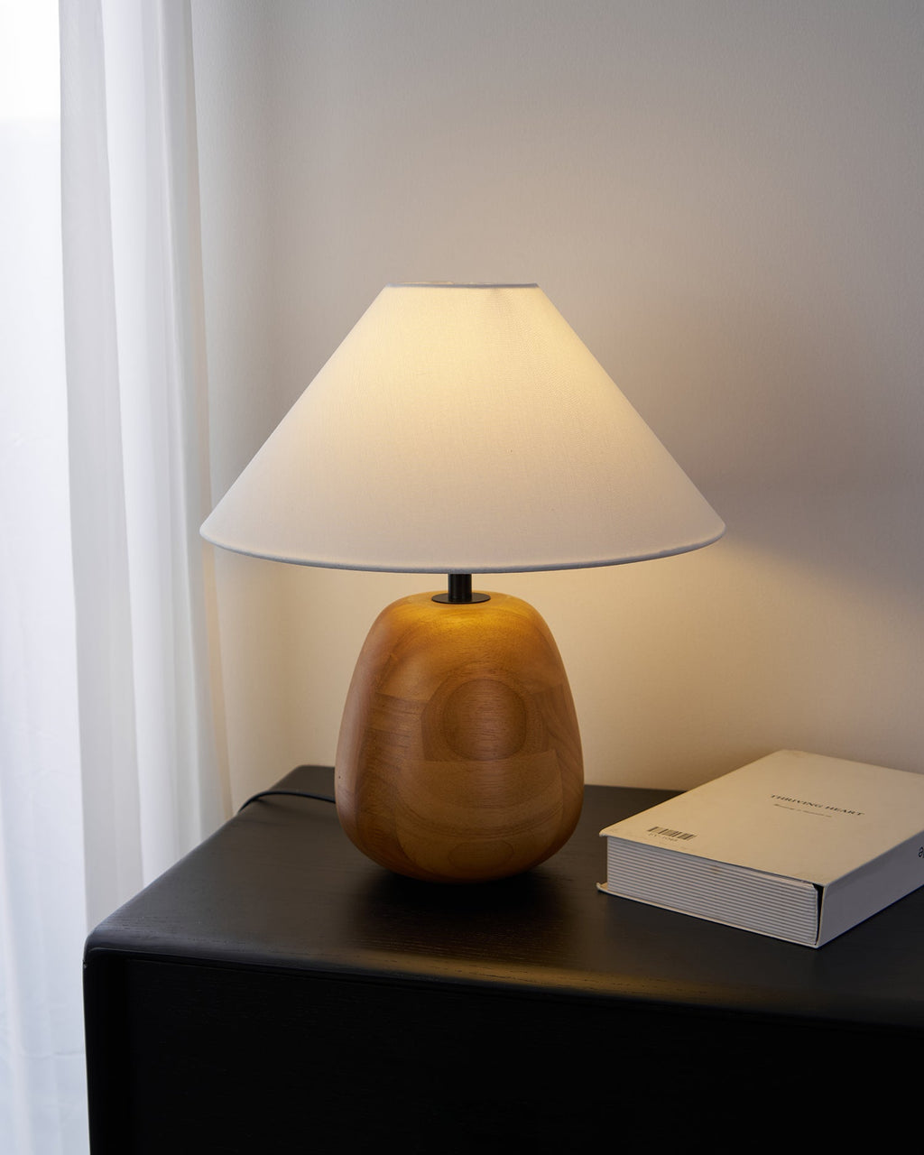 Natural Wood Table Lamp White Fabric Shade 14.9 in Set of 3