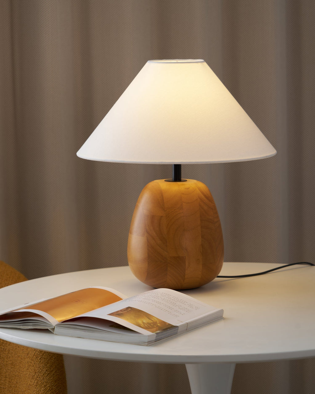Natural Wood Table Lamp White Fabric Shade 14.9 in Set of 3