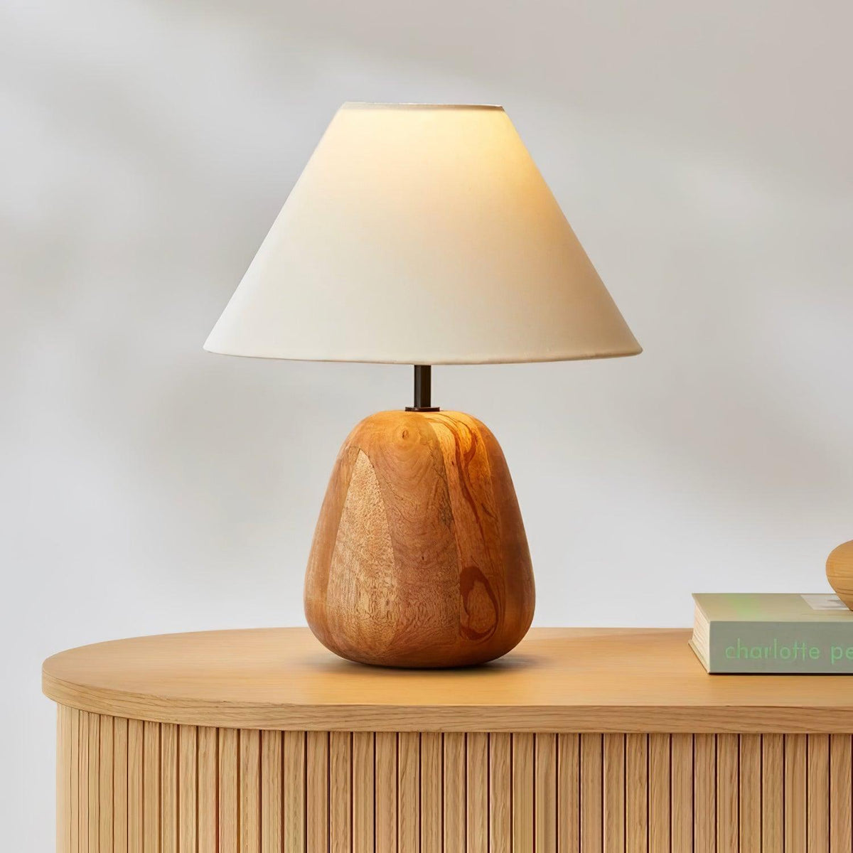 Natural Wood Table Lamp White Fabric Shade 14.9 in Set of 3