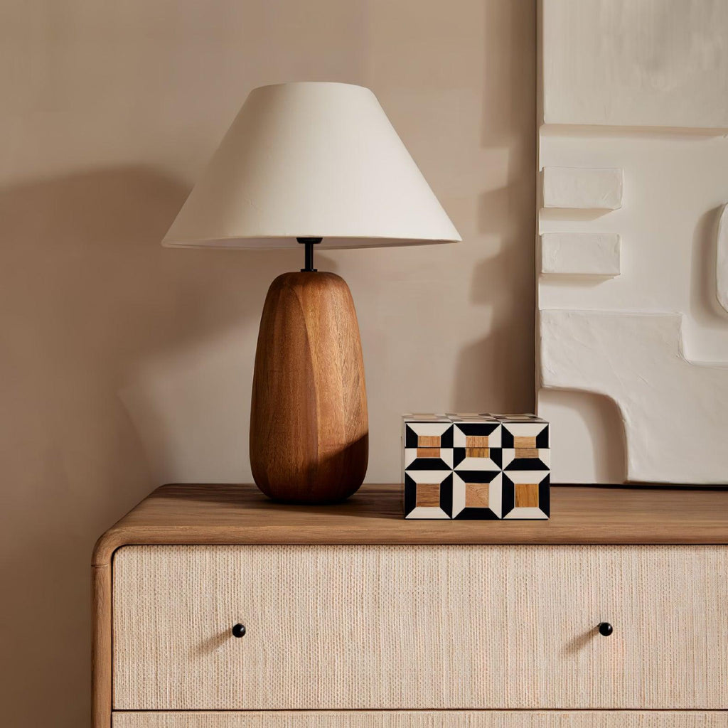 Natural Wood Table Lamp White Fabric Shade 14.9 in Set of 3