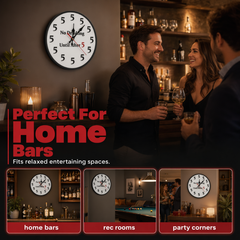 Novelty Wall Clock No Drinking Until After 5 Round Wood