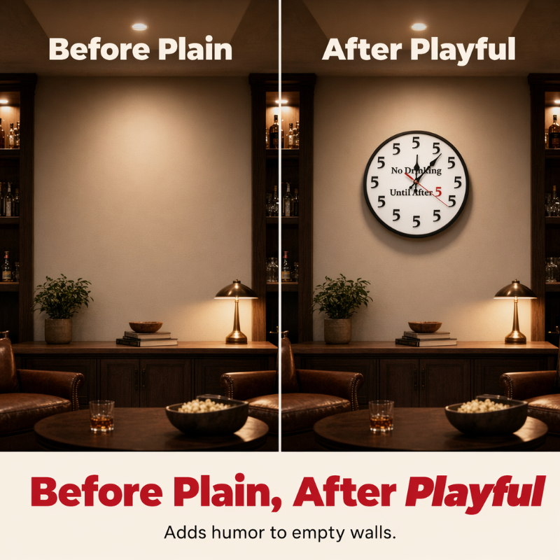 Novelty Wall Clock No Drinking Until After 5 Round Wood