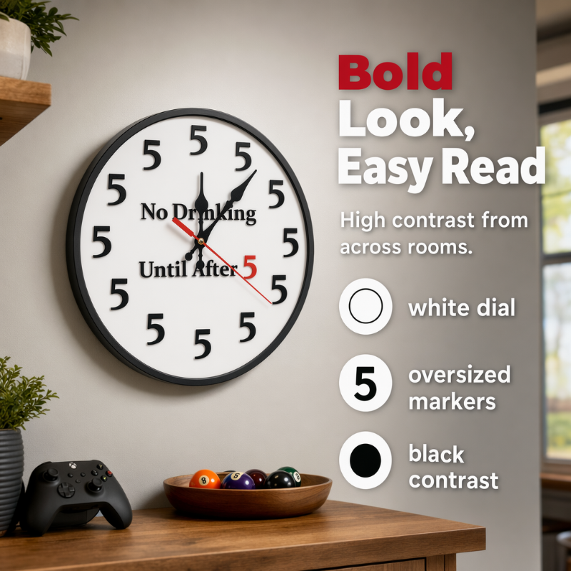 Novelty Wall Clock No Drinking Until After 5 Round Wood