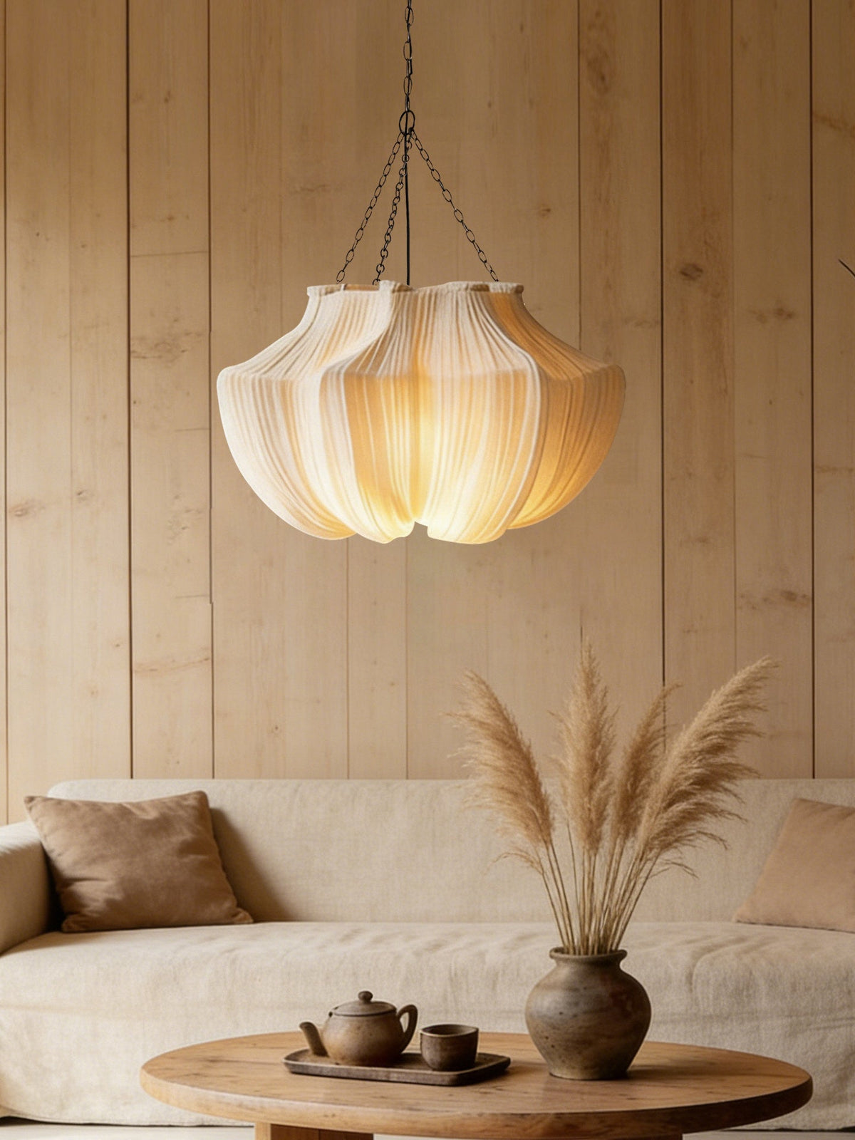 Pleated Fabric Pendant Light Natural Oatmeal 19.7 in