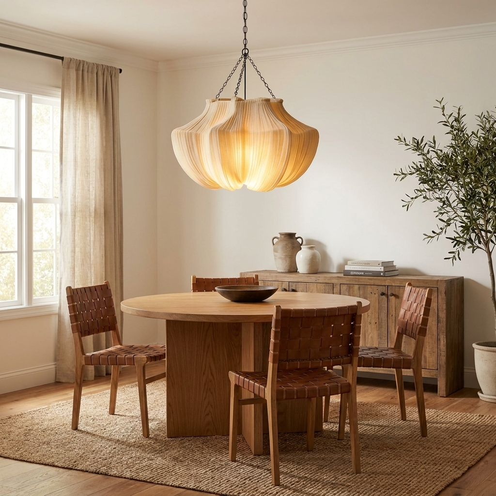 Pleated Fabric Pendant Light Natural Oatmeal 19.7 in