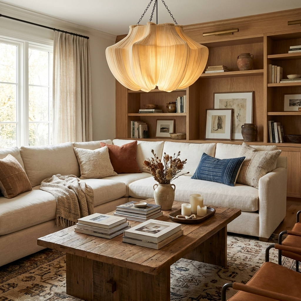 Pleated Fabric Pendant Light Natural Oatmeal 19.7 in