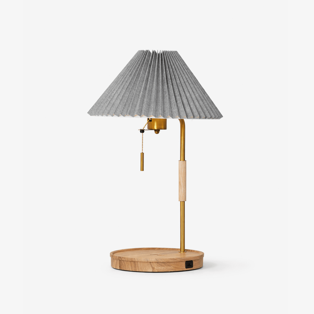 Pleated Fabric Table Lamp Wood Base Brass Stem 20.4 in