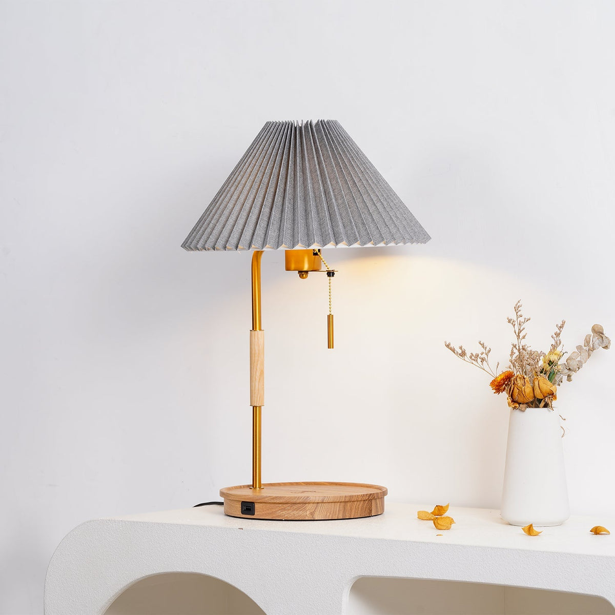 Pleated Fabric Table Lamp Wood Base Brass Stem 20.4 in