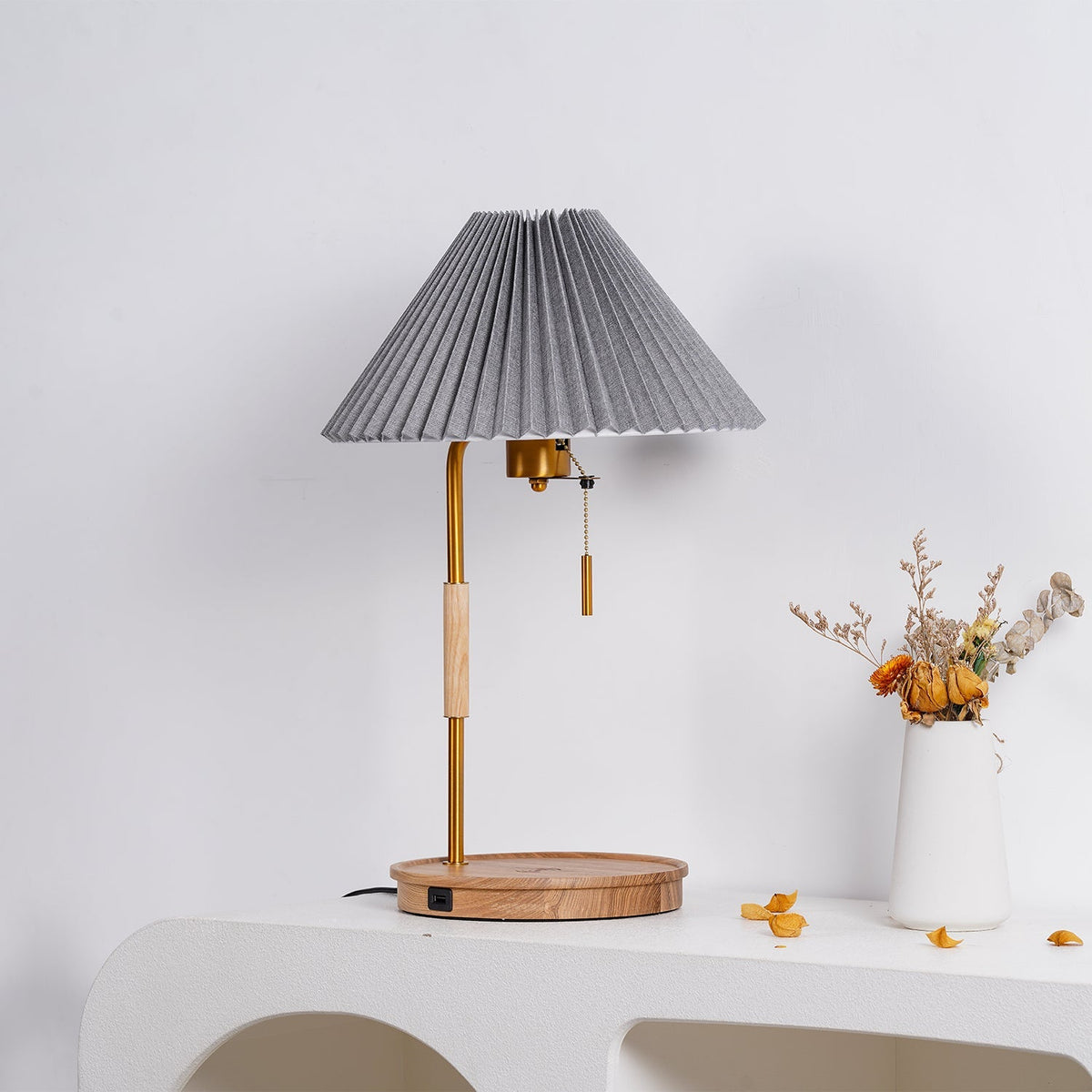 Pleated Fabric Table Lamp Wood Base Brass Stem 20.4 in