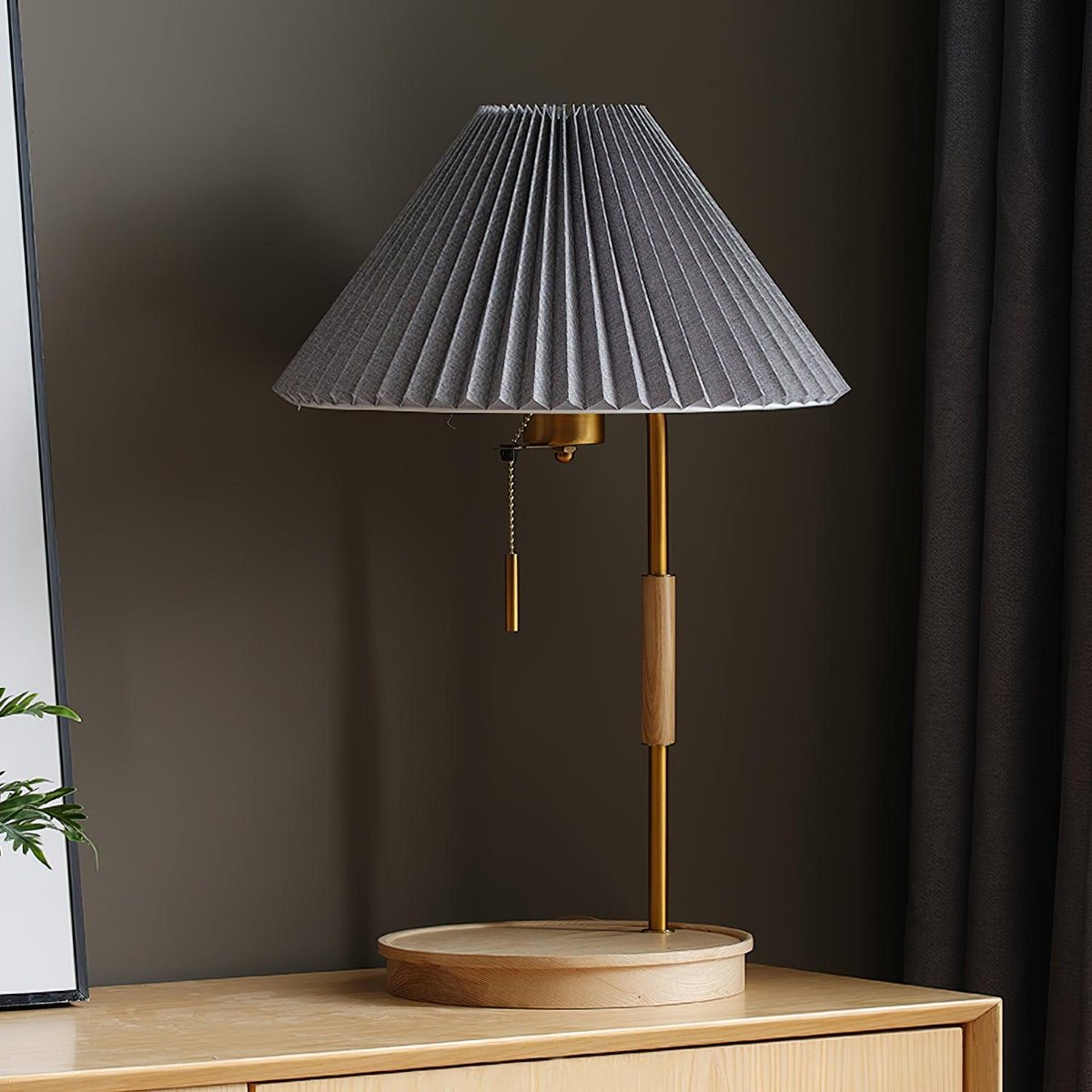 Pleated Fabric Table Lamp Wood Base Brass Stem 20.4 in