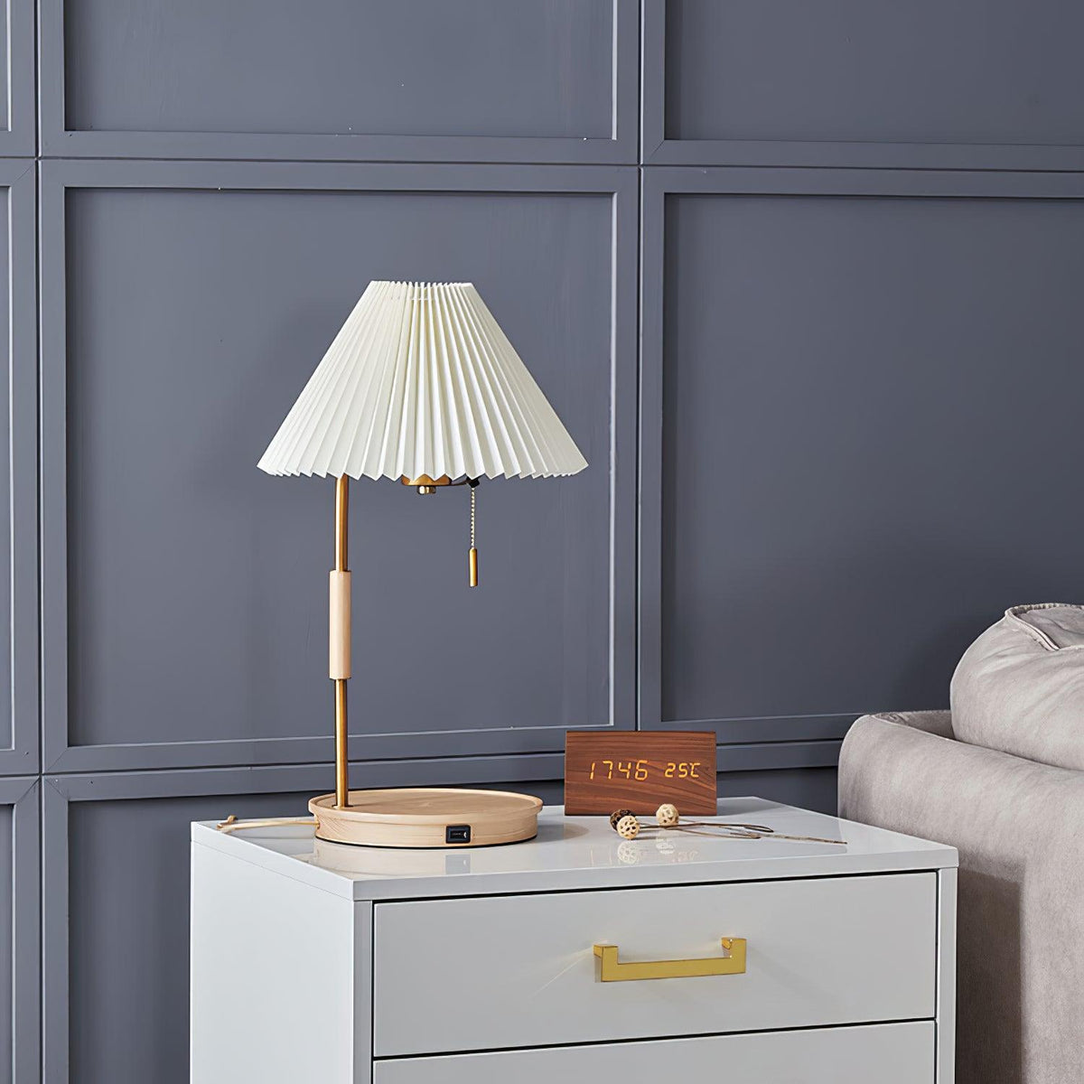 Pleated Fabric Table Lamp Wood Base Brass Stem 20.4 in