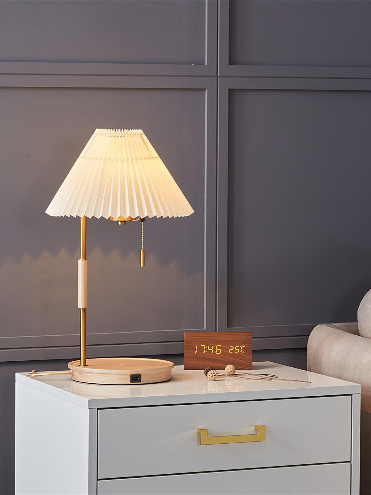 Pleated Fabric Table Lamp Wood Base Brass Stem 20.4 in
