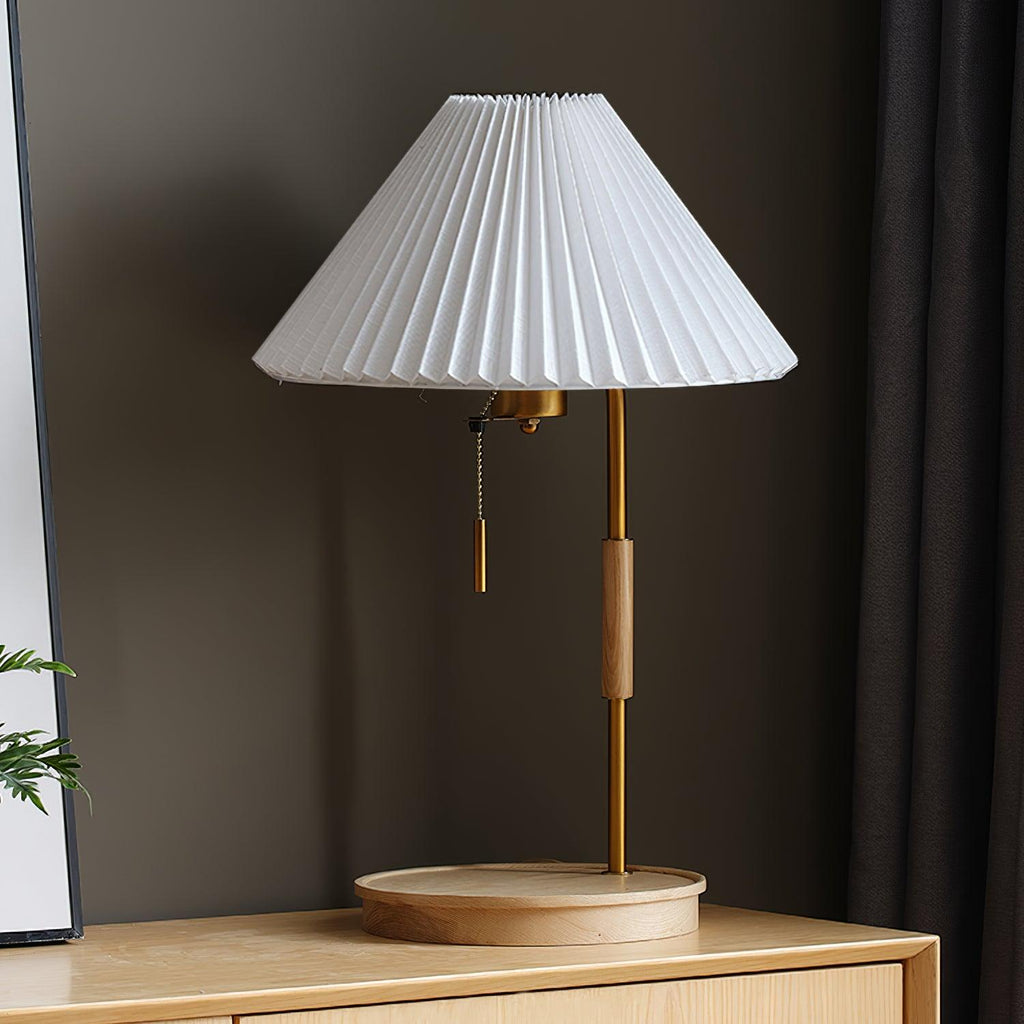 Pleated Fabric Table Lamp Wood Base Brass Stem 20.4 in