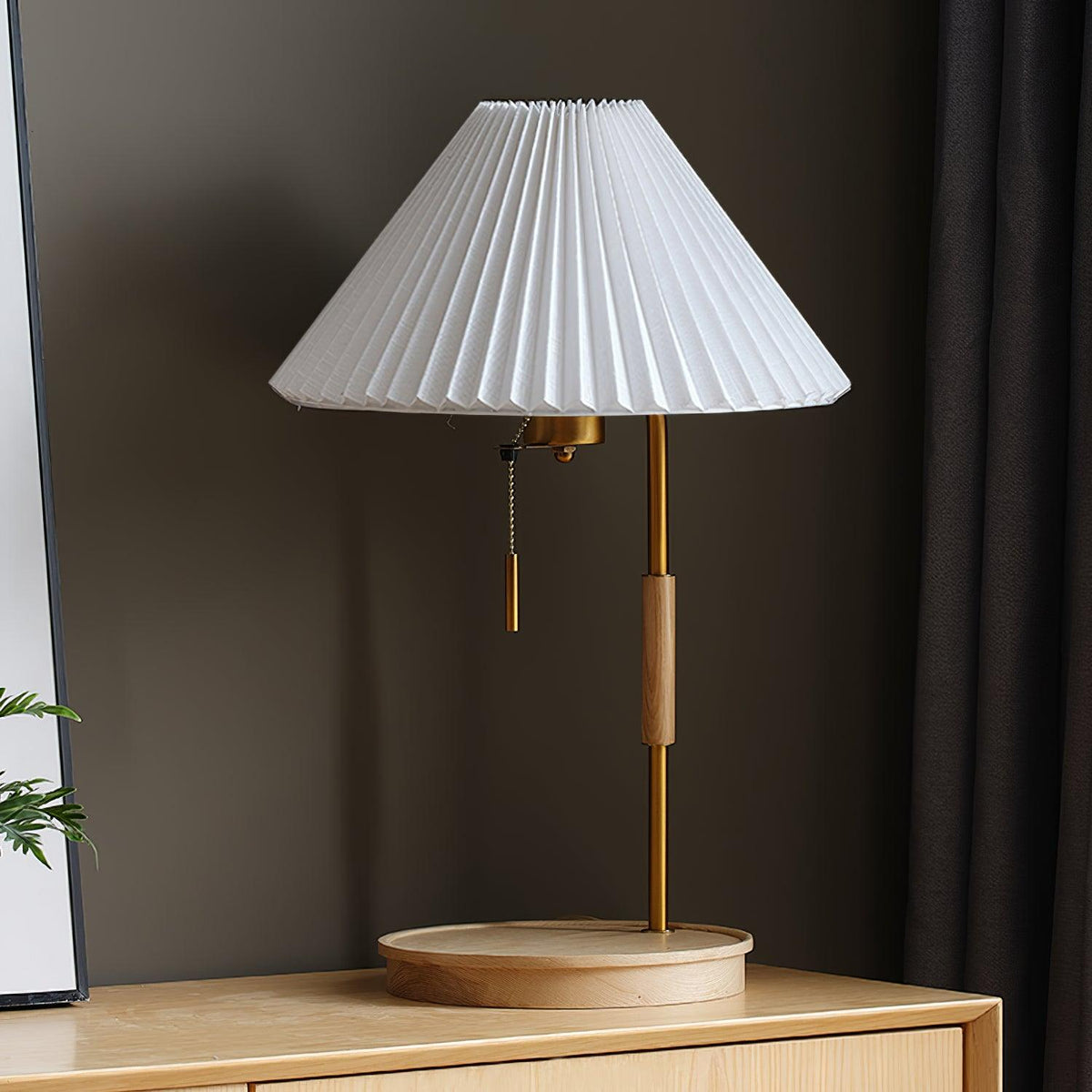 Pleated Fabric Table Lamp Wood Base Brass Stem 20.4 in