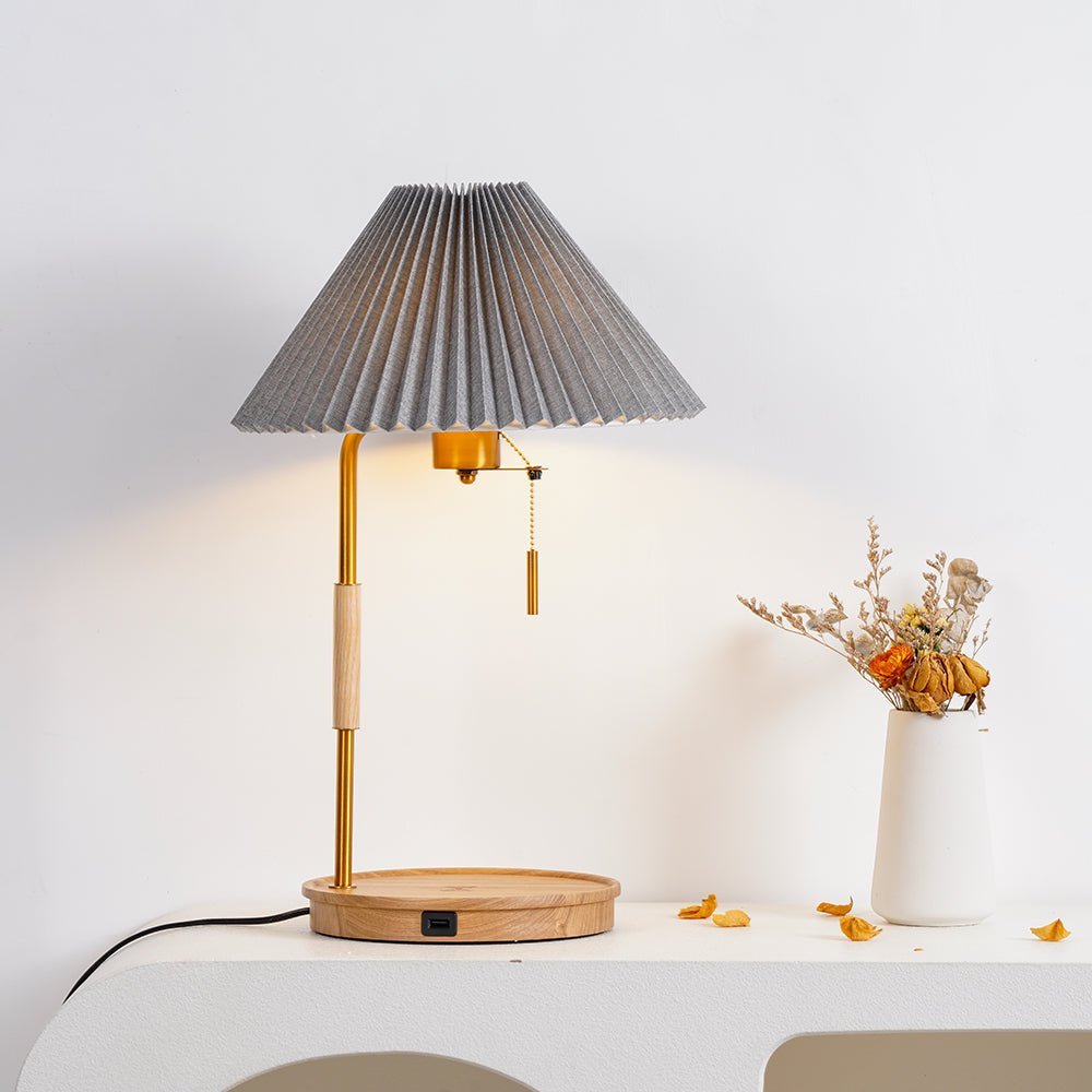 Pleated Fabric Table Lamp Wood Base Brass Stem 20.4 in
