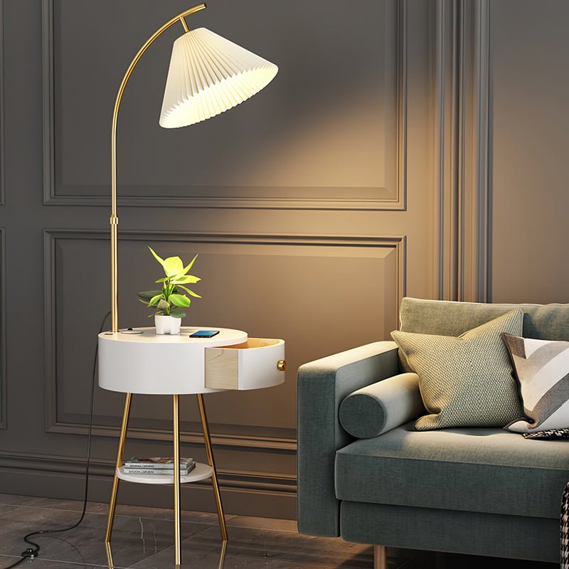 Pleated Shade Arc Floor Lamp with Side Table 65 in Set of 2